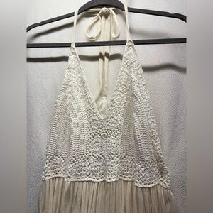 Coastal Cowgirl Maxi Dress Crochet Halter Bodice,Gauze Skirt Backless 70’s Inspo